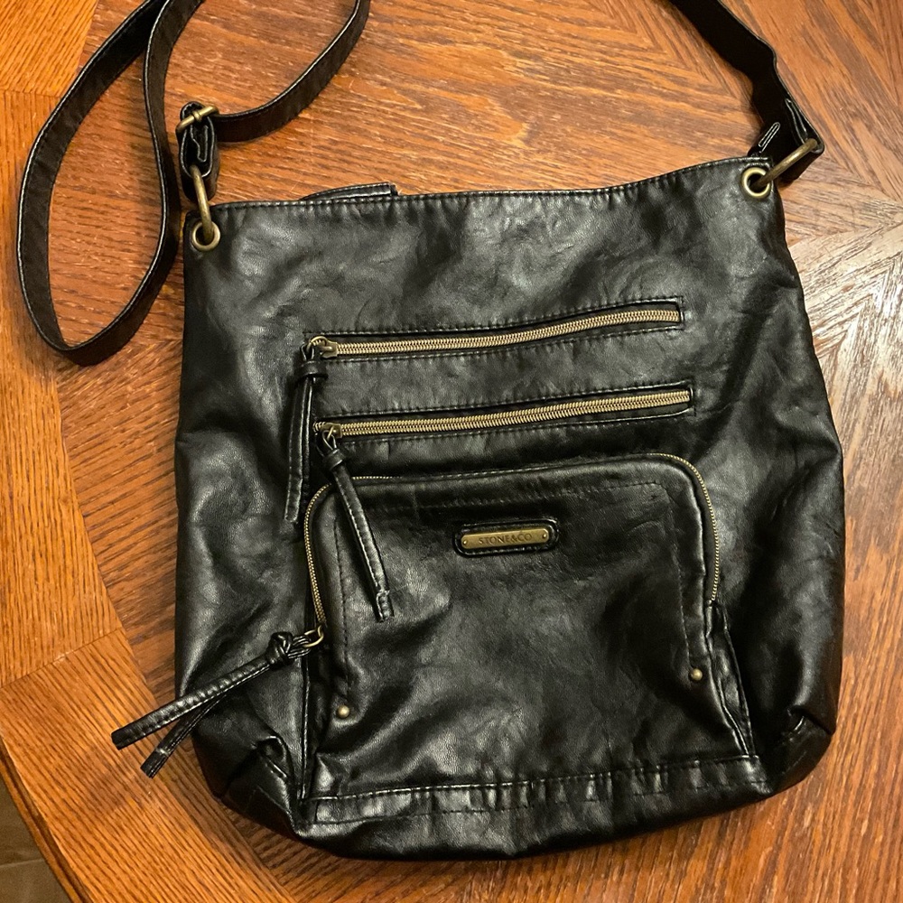 Stone & Company Gold Hardware Durable Leather Look Multi Zipper Crossbody Bag! - Picture 15 of 16